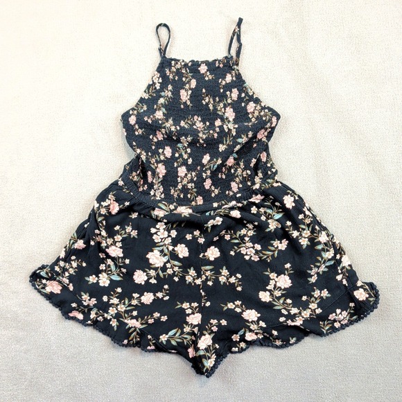 American Eagle Boho Floral Smocked Romper S Black Pink Pom Pom Trim Festival — photo 2